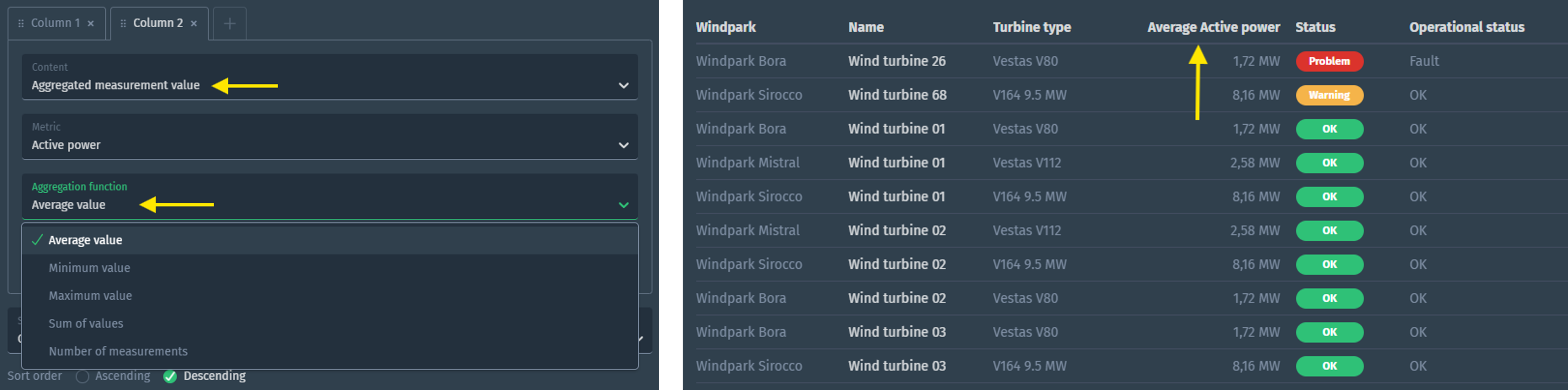 Aggregations in table widget