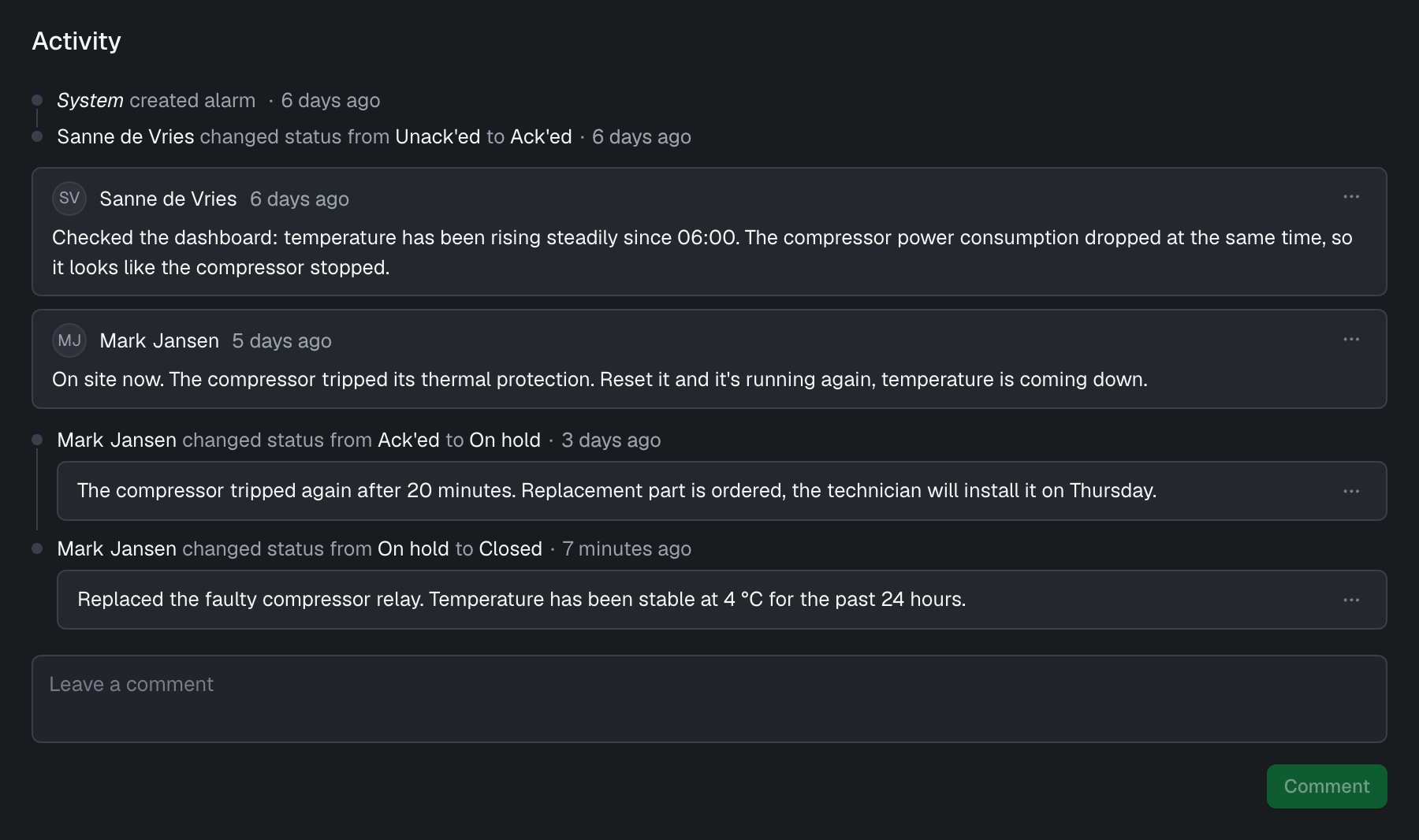 Comments in the activity section of an alarm