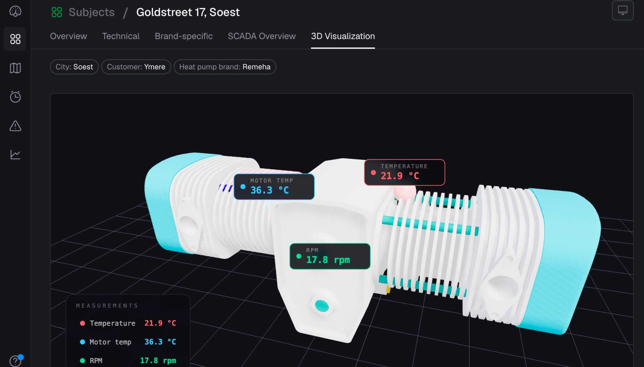 A 3D visualization of a device with measurements that can be rotated to any angle