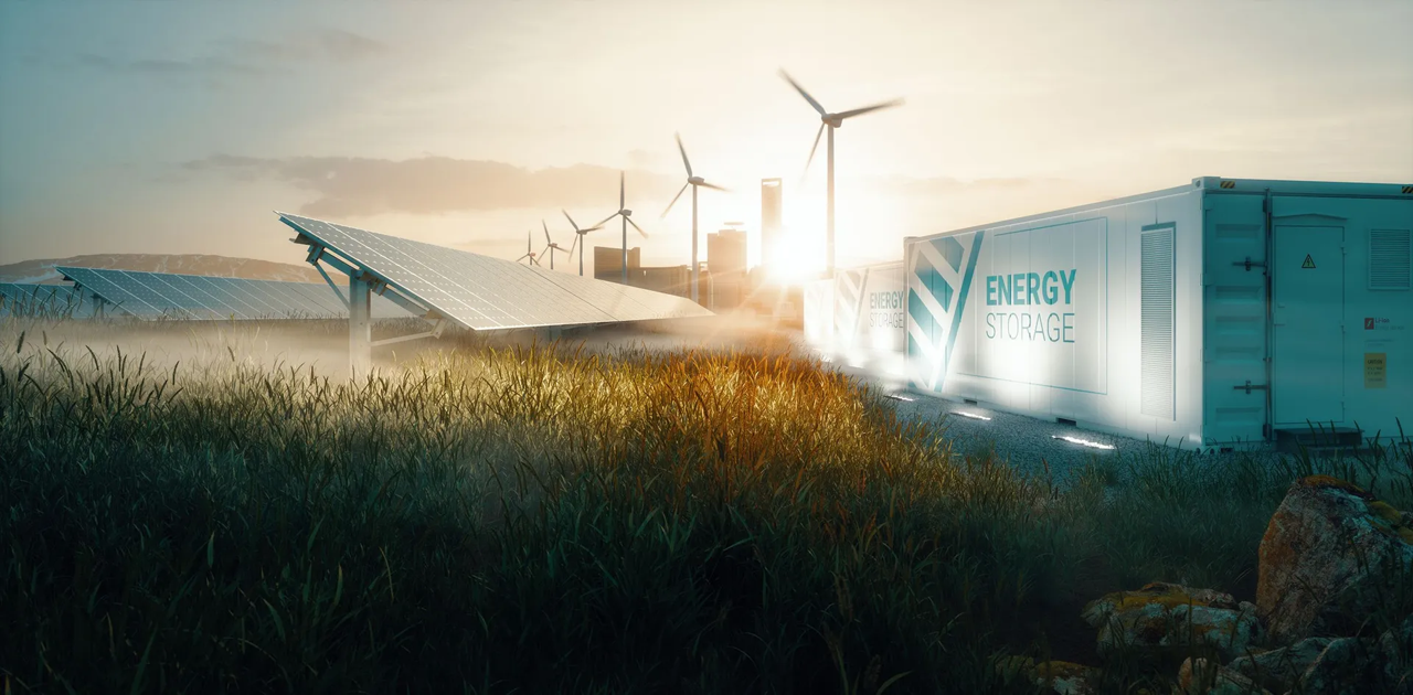Solar panels, wind turbines, and an energy storage container at sunset