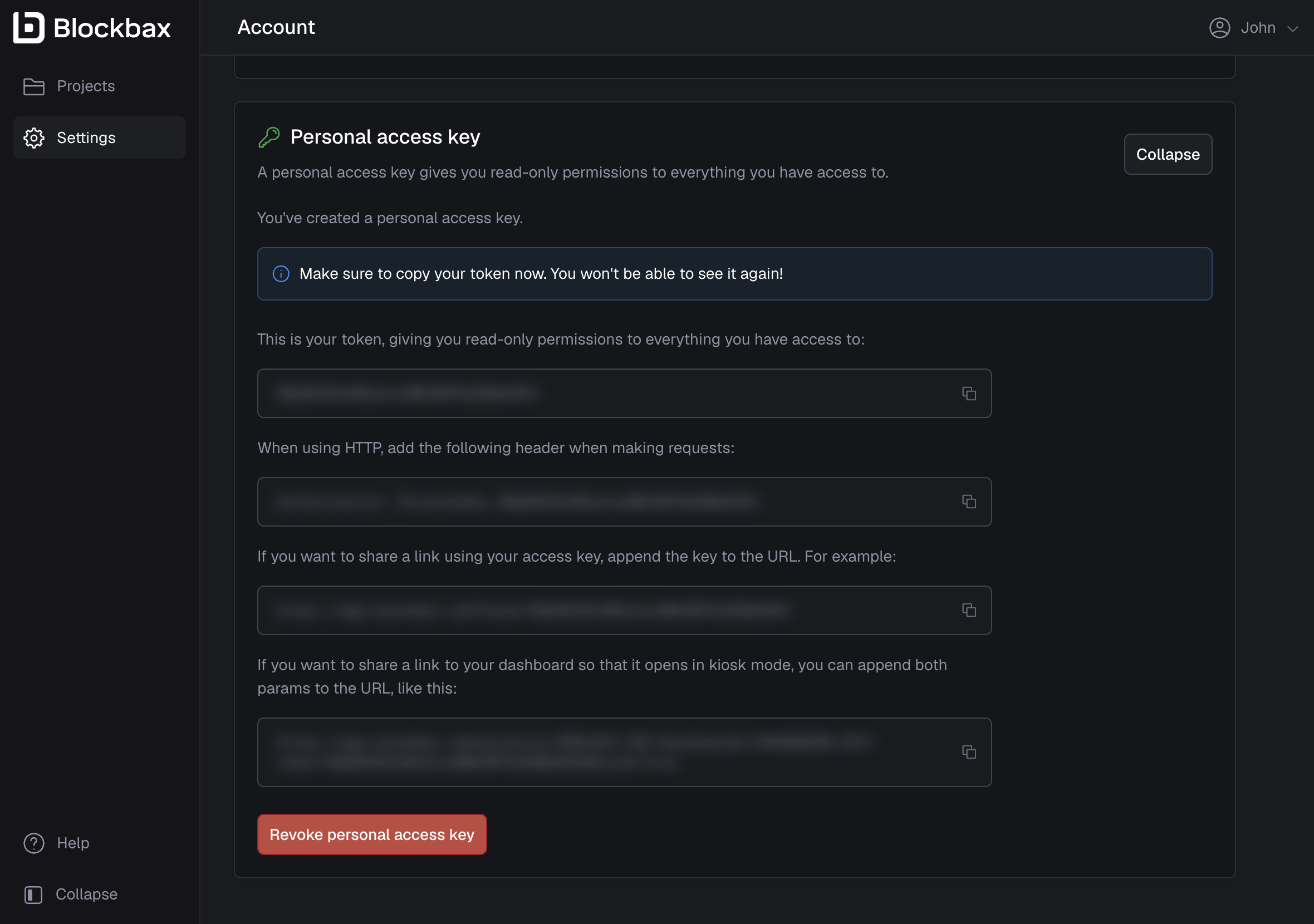 Personal access key details