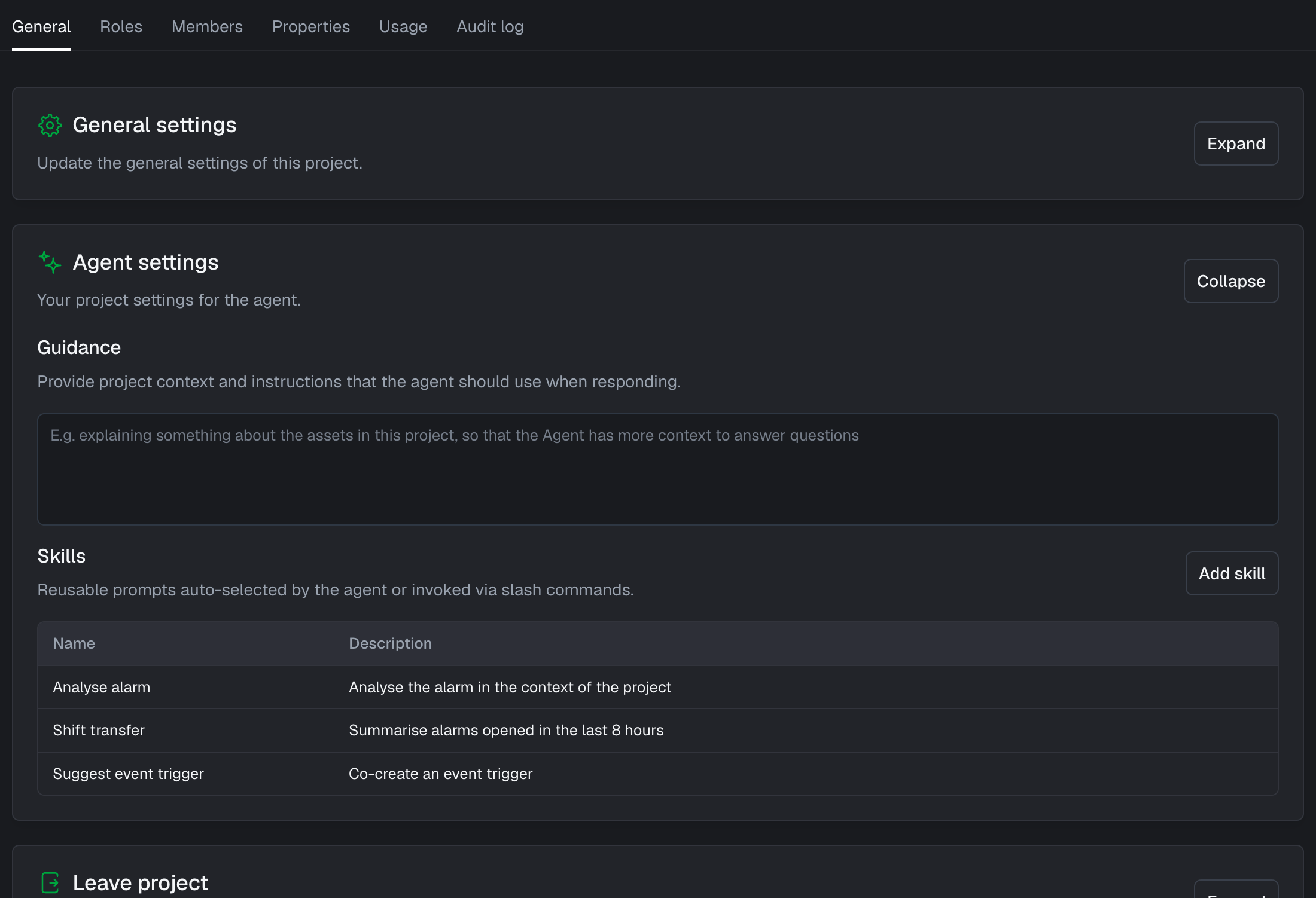 Agent settings with guidance and skills