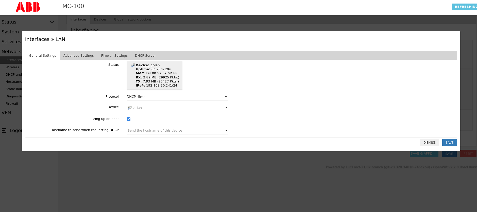 LAN interface DHCP configuration