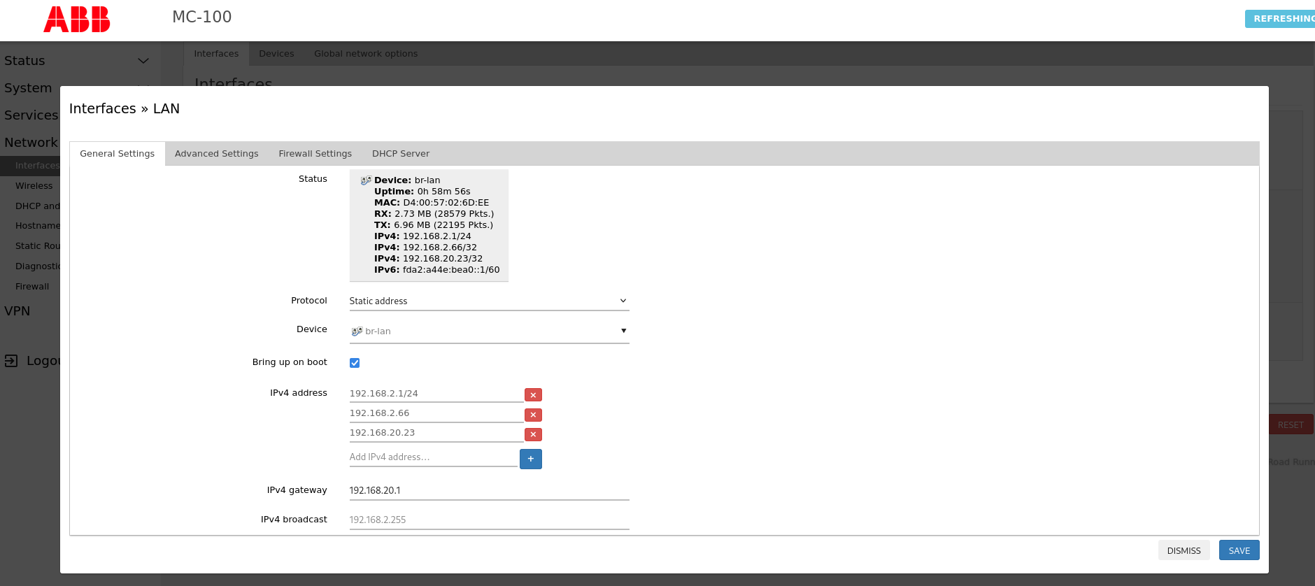 LAN interface static IP configuration