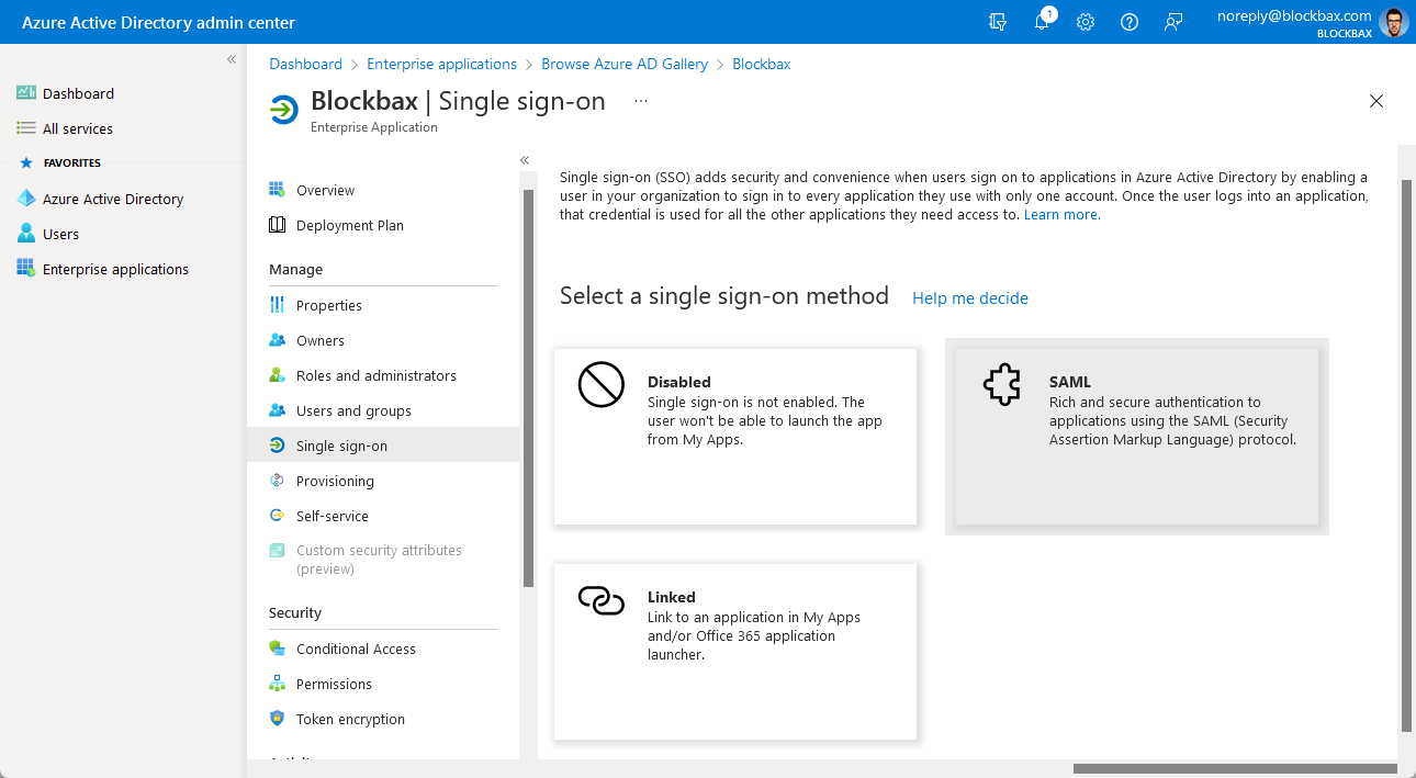 Select SAML as single sign-on method