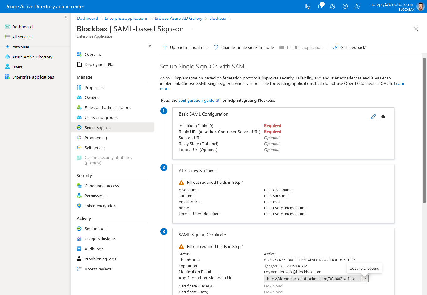 Copy the App Federation Metadata Url