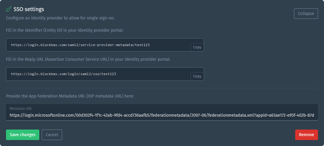Blockbax SSO settings