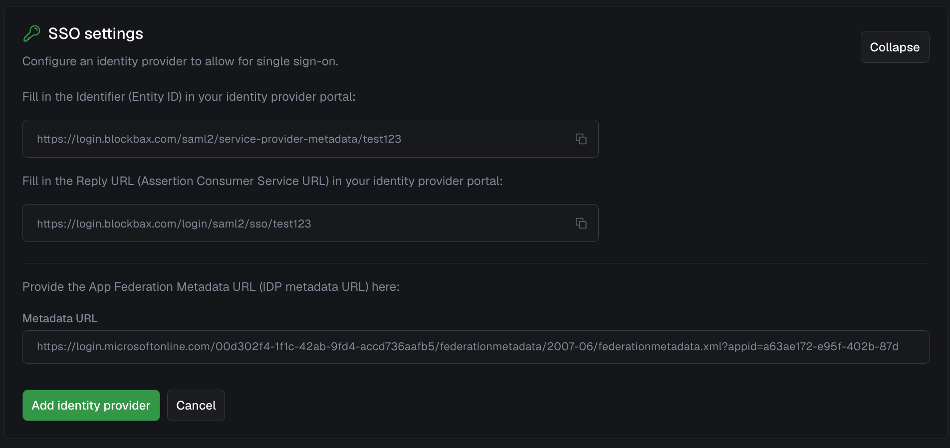 Blockbax SSO settings