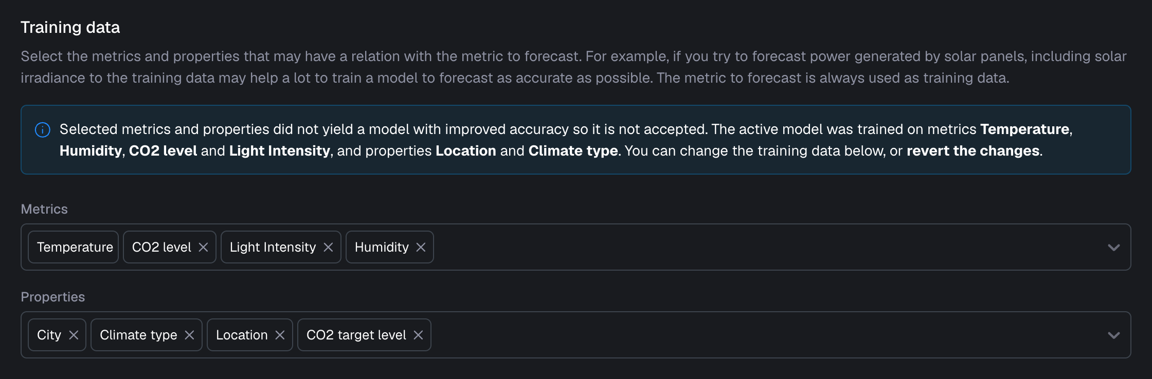 Forecasted metric input revert