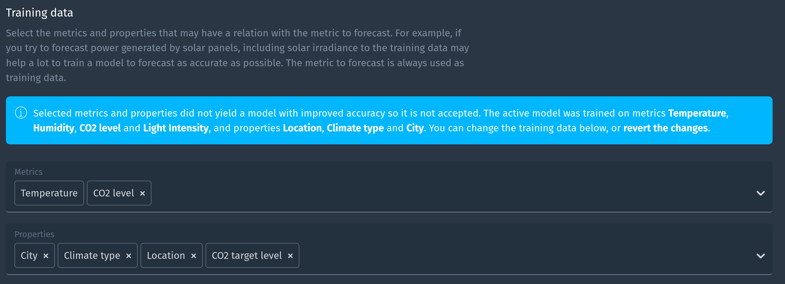 Forecasted metric input revert